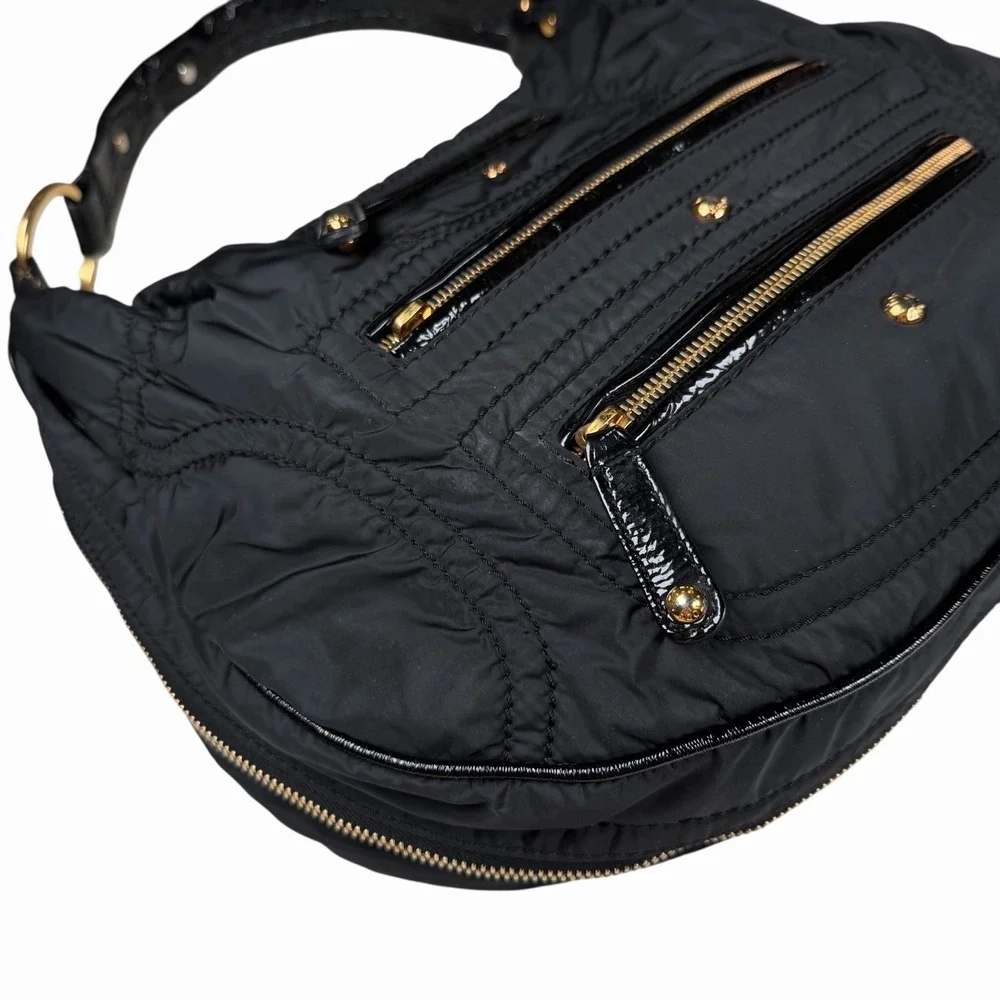 Tod's Tods Pashmy‎ Luna Black Nylon & Patent Leather Hobo w Zipper Detail